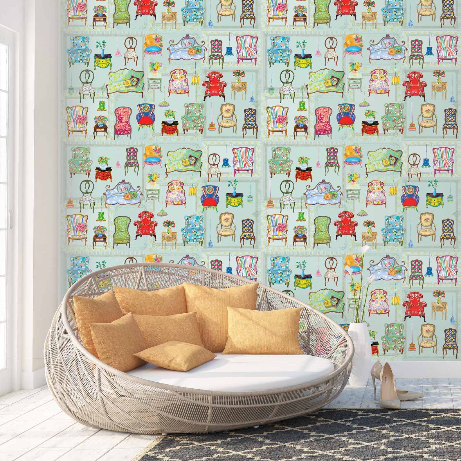 Living Room Couch Wallpaper Retro Chic Fun Colorful Etsy Israel