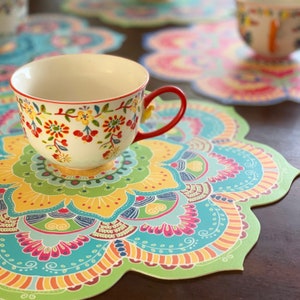 6 Mandala Table Mats for Mugs or Plates, 14" Diameter Round Large Coasters, Hippie Table Setting, Bohemian Holidays Tableware, Unique Trivet