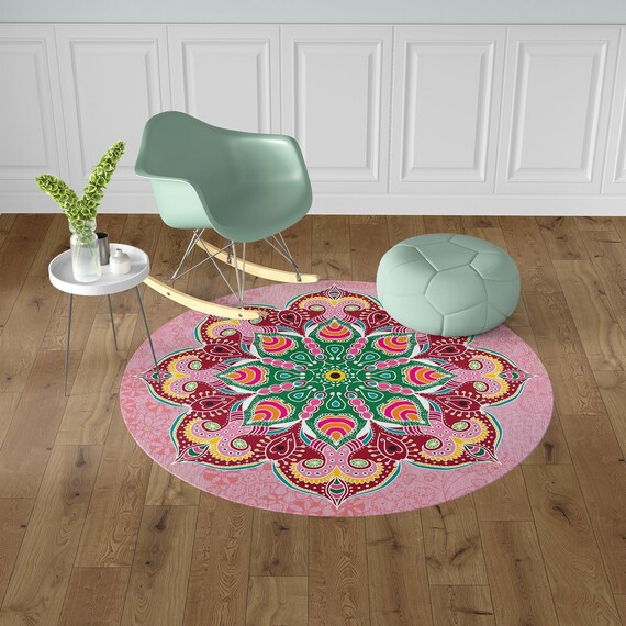 Small Round Vinyl Area Rug, Round Kitchen Floor Rug, Round Red Flower Rug,  Circle Area Rug, Round Vinyl Floor Mat, Anti-slip Linoleum Rug 