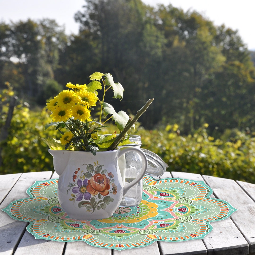 Flower Mandala PVC Table Cover Turquoise&yellow Round Table Etsy