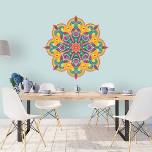 Large Yellow Mandala Vinyl Wall Decal, Colorful Yoga Studio Design Wall Sticker