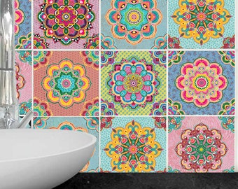 Removable Bathroom Decals, Shower Bathroom Backsplash, Set of 14 Tiles Stickers, Mandala Decal, Carrelage Stickers