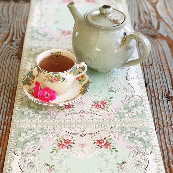 Vintage Chic Roses Table Runner Mint Green Rustic Table Etsy