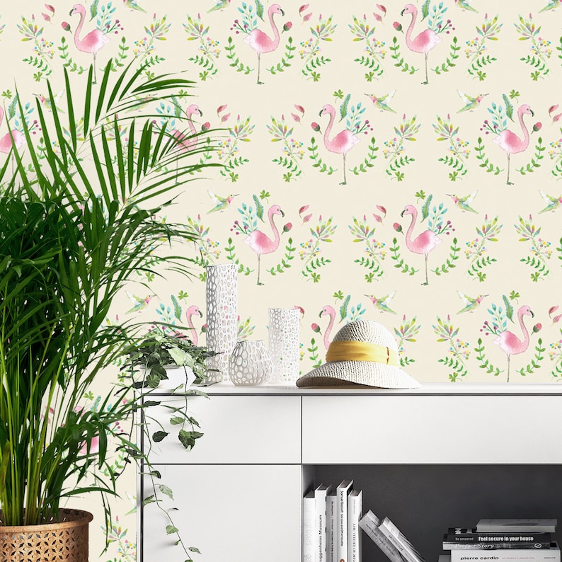 Self Stick Wallpaper Pastel Pink Wallpaper Beige Wallpaper Peel Off Wallpaper Exotic Wallpaper Flamingo Wallpaper Bedroom Wallpaper