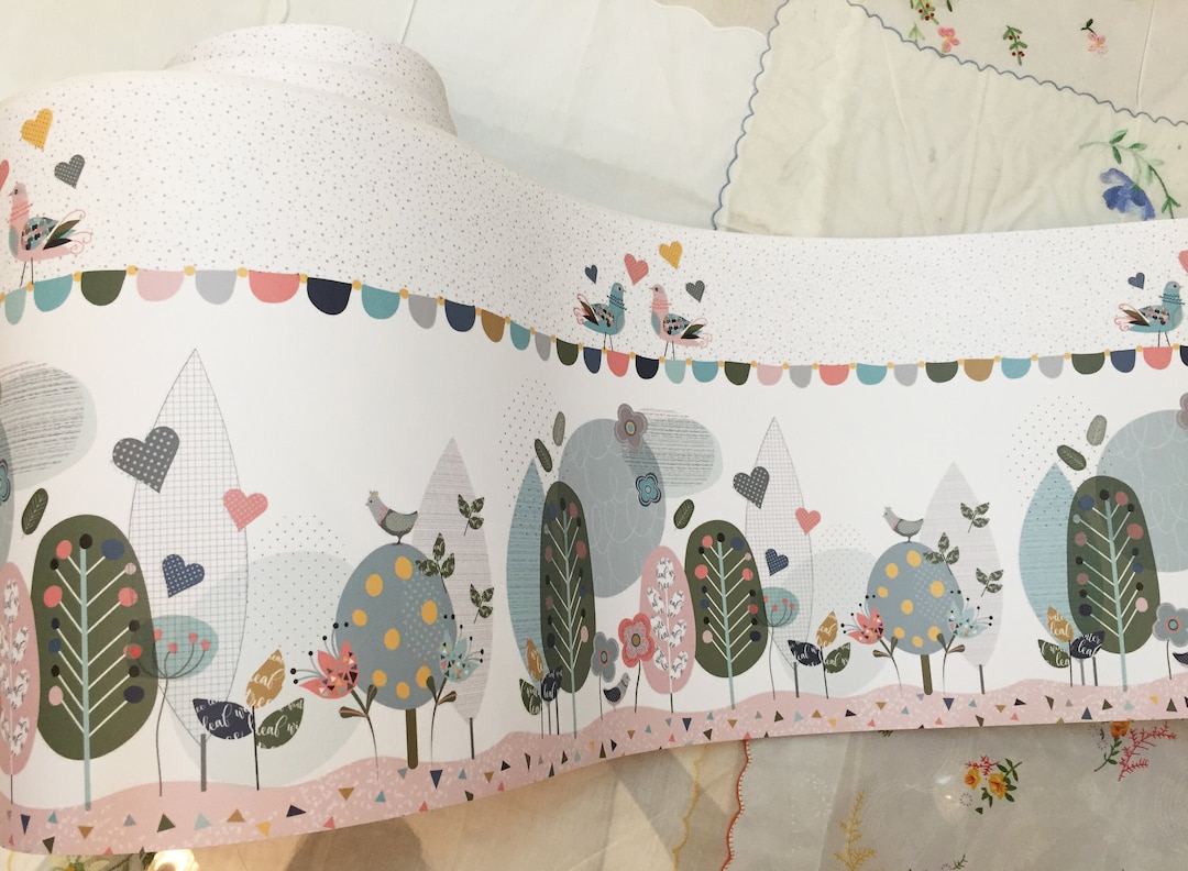 Trees and Birds Nursery Baby Girl Wallpaper Border, Wall Decal, Art