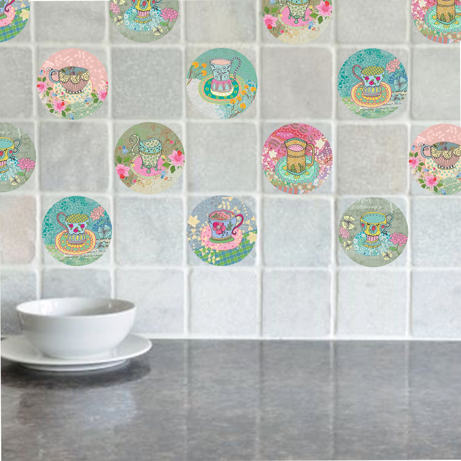 Colorful Cups Kitchen Tiles Decals 9 Ceramic Tiles Stickers Etsy