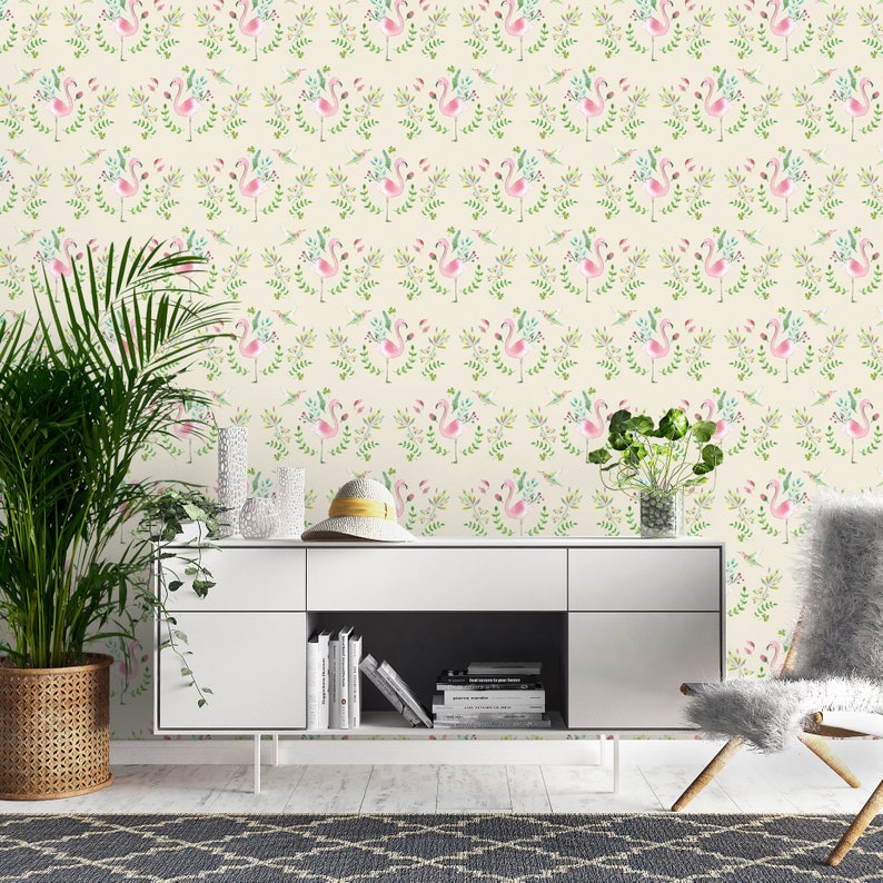 Self Stick Wallpaper Pastel Pink Wallpaper Beige Wallpaper Peel Off Wallpaper Exotic Wallpaper Flamingo Wallpaper Bedroom Wallpaper