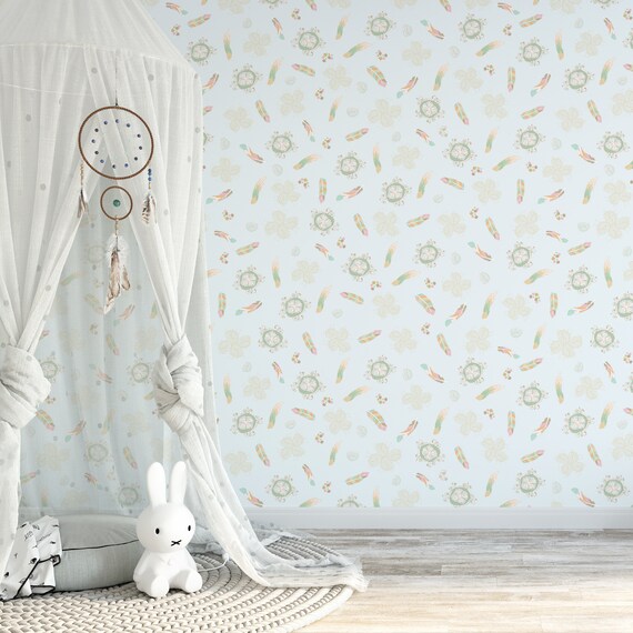 Light Blue Wallpaper, Feather Wallpaper, Boho Wallpaper, Boho Room Decor, Bohemian Wallpaper, Textured Wallpaper, Boys Nursery Wallpaper
