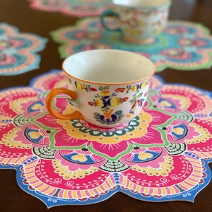 2 Colorful Mandala Placemats for Plate or Mug, Bohemian Table Mats, Round Large Vinyl Coasters, Christmas Table Decoration