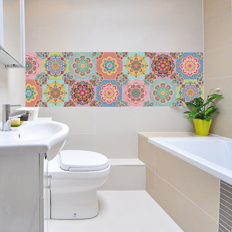 Set Of 14 Colorful Mandala Tiles Stickers Bathroom Tile L Stick Decorative Kitchen Home Decor