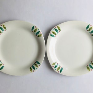 Op de afbeelding: Twee witte keramische borden met een groen, blauw en rood bladerenontwerp rond de rand.