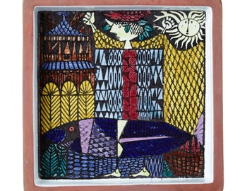 Stig Lindberg ceramic square dish called “Karneval” Gustavsberg - 1950s - signed