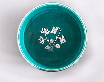 Vintage Art Deco Argenta Dish: Wilhelm Kåge Teal Ceramic with Silver Inlay