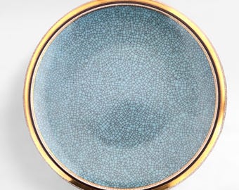 Royal Copenhagen turquoise and gold crackle glazed plate 458-2559 designed by Thorkild Olsen 1950s
