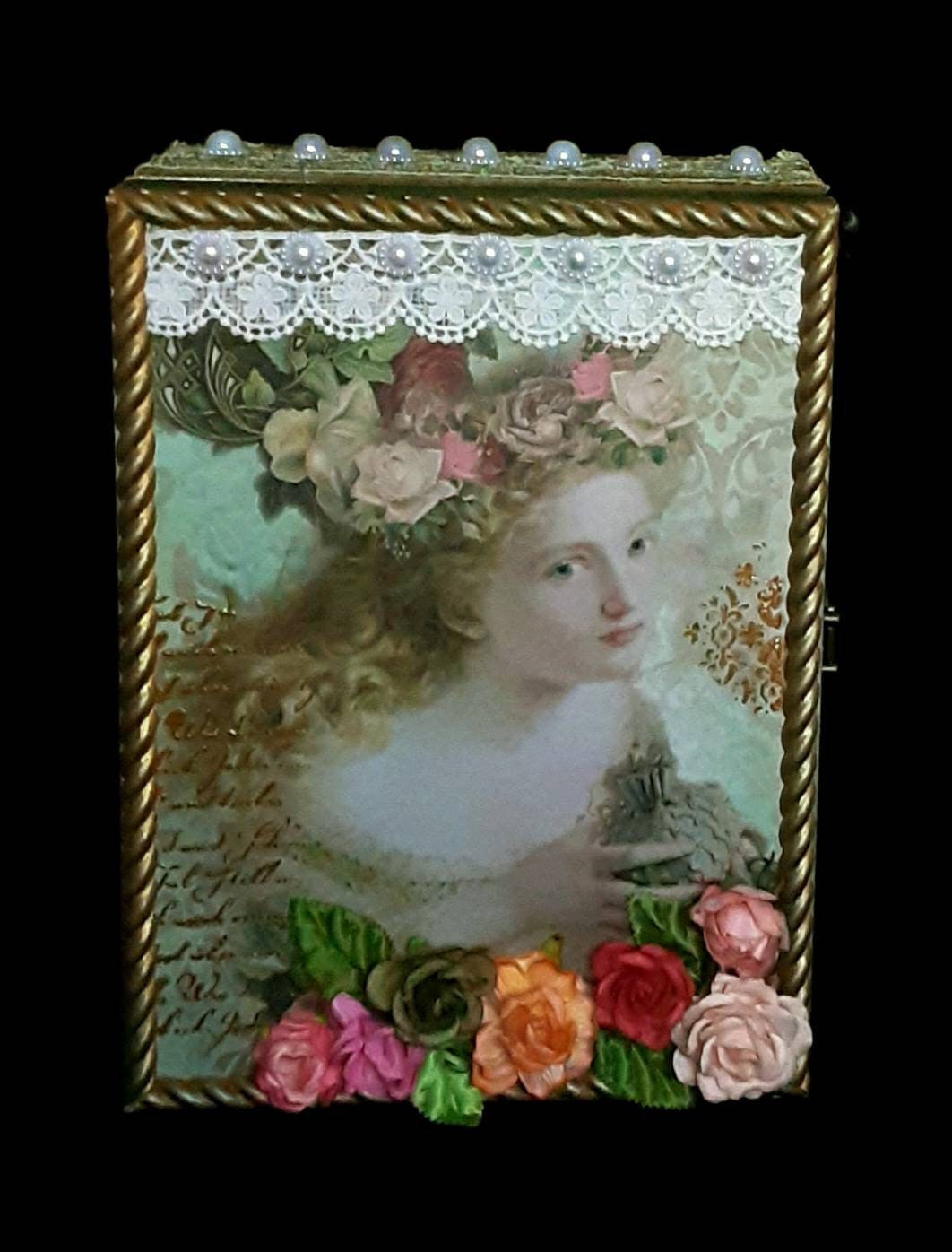 Vintage medium wooden box Woman's portrait Etsy