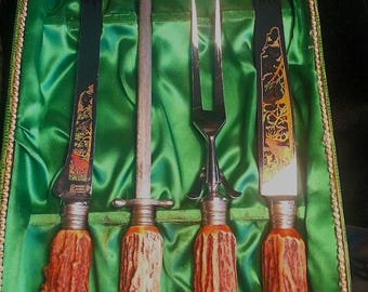 Anton Wingen Solingen German carving set (Anton Wingen) stainless with stag handles