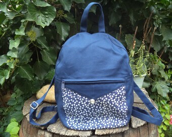 Blue and floral canvas, small backpack, gym bag, lunch bag