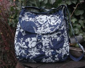 Denim Shoulder Bag With Flowers
