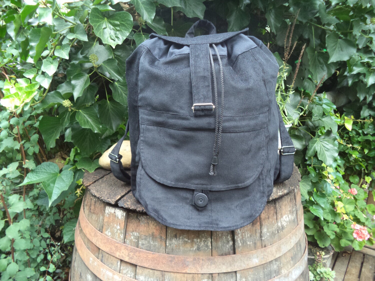 black corduroy backpack