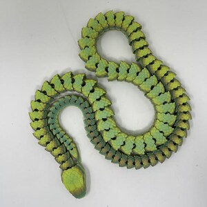 May include: A green and yellow plastic snake, with a segmented body and a textured surface.