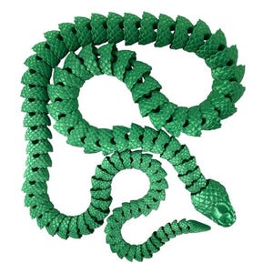 May include: A vibrant green, articulated snake toy. The toy is made of connected segments, allowing it to bend and move. The snake's head is detailed with scales and a defined shape. The toy is designed to resemble a snake.
