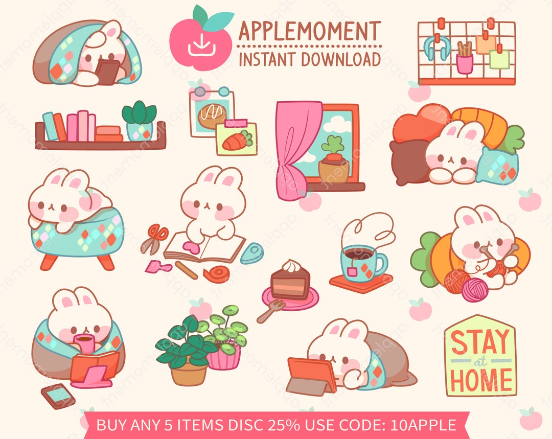 Buy Kawaii Bunny Clipart Stickers, Stay at Home PNG (digital Download)  Online in India