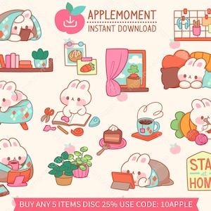 Süße Kawaii druckbare digitale Aufkleber Clipart Häschen zu Hause bleiben, Hygge, gemütlich, PNG, Goodnotes, kommerziell