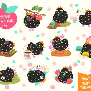 Stickers numériques imprimables kawaii mignons Clipart Cottagecore arc-en-ciel saupoudrer de poulet fermier, planificateur imprimable autocollants, PNG, commercial