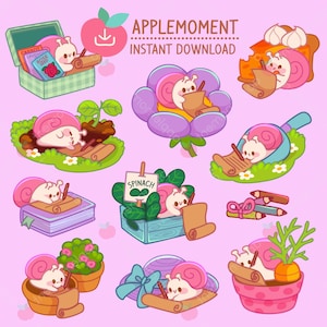 Süße Kawaii druckbare digitale Aufkleber Clipart Gartenschnecke Schriftsteller, PNG, kommerziell