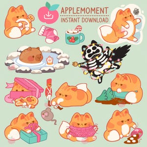 Carino Kawaii stampabile digitale adesivi clipart animali cattivo Natale gattino gatto, PNG, commerciale