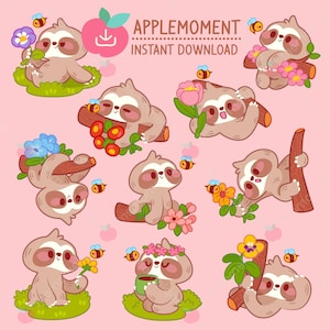 Lindas pegatinas digitales imprimibles kawaii, clipart de animales perezosos y abejas, PNG, comercial