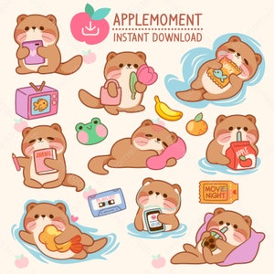 Schattige kawaii afdrukbare digitale stickers clipart dagelijks leven van een otter, png, commercial