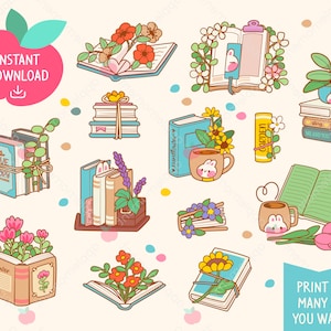 Cute Kawaii Printable Digital Stickers Clipart Flower and Books, Printable Planner Stickers, PNG, Commercial