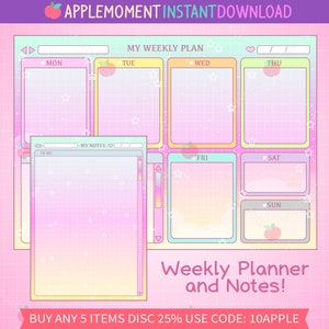 Cute Kawaii Printable Digital Weekly Planner Rainbow Sky, Aesthetic Notes or To Do List, PDF, PNG, Commercial