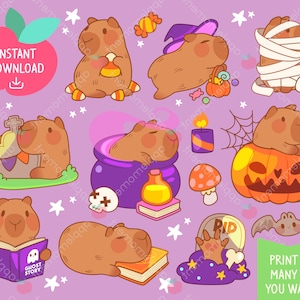Cute Kawaii Printable Digital Stickers Clipart Giant Cavy Rodent Halloween Capybara, Daily Life, Printable Planner Stickers, PNG, Commercial