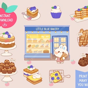 Cute Kawaii Printable Digital Stickers Clipart Little Blue Bakery Bunny Rabbit, Cake and Bread, Printable Planner Stickers, PNG, Commercial