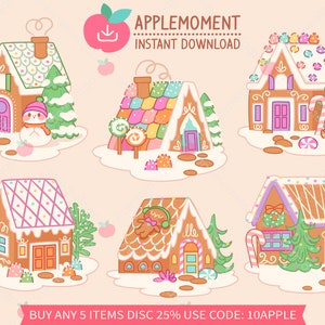 Niedliche Kawaii druckbare digitale Aufkleber Clipart Lebkuchenhaus Schneemann und Keks, PNG, Goodnotes, kommerziell