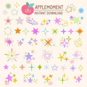 Lindas pegatinas digitales imprimibles kawaii, clipart de estrella brillante, PNG, comercial
