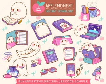 Simpatici adesivi digitali stampabili Kawaii Clipart Studio Fantasma, Halloween Autunno Studente Vita scolastica, Adesivi stampabili Planner, PNG, Commerciale