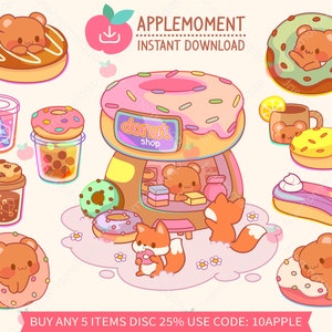 Niedliche Kawaii druckbare digitale Aufkleber Clipart Tier Braunbär Donut Shop, PNG, Goodnotes, kommerziell