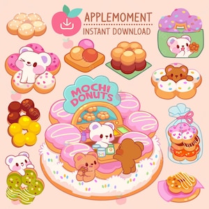 Cute Kawaii Printable Digital Stickers Clipart Mochi Donut Bear, PNG, Commercial