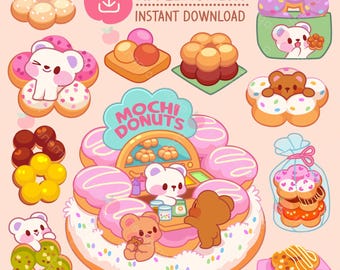 Puede incluir: Ilustración digital de mochi donuts con adorables personajes de osos. Los donuts están decorados con glaseado rosa, chispas y otras coberturas. La imagen incluye el texto "APPLE MOMENT INSTANT DOWNLOAD" y "MOCHI DONUTS".