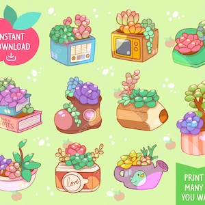 May include: A set of 10 printable succulent plant illustrations in various colorful pots and containers. The illustrations include a radio, a television, a telephone, a book, a boot, a pencil, a mug, a bowl, a can, and a watering can.