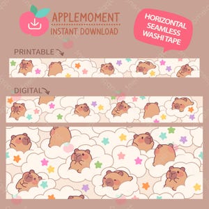 May include: Horizontal seamless washi tape design featuring cartoon bears in clouds with colorful stars. The text "APPLEMOMENT INSTANT DOWNLOAD" and "PRINTABLE" are visible. The design is suitable for digital or printable projects.
