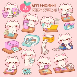 Süße Kawaii druckbare digitale Aufkleber Clipart Tiere freche Katze als Kleinunternehmer, PNG, kommerziell