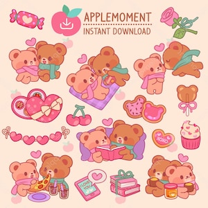 Süße Kawaii druckbare digitale Aufkleber Clipart Valentineen Bär, PNG, kommerziell