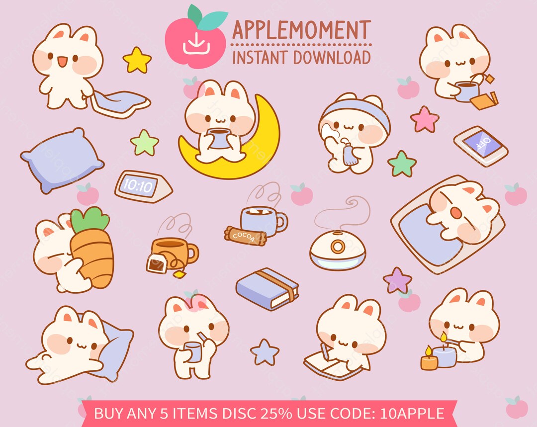Cute Kawaii Printable Digital Stickers Clipart Bunny Rabbit Night ...