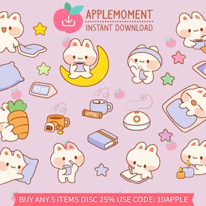 Süße Kawaii druckbare digitale Aufkleber Clipart Bunny Rabbit Night Routine, PNG, kommerzielle