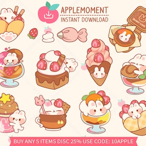 Süße Kawaii druckbare digitale Aufkleber Clipart Erdbeere Schokolade Dessert Hase, PNG, Goodnotes, kommerziell