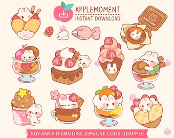 Cute Kawaii Printable Digital Stickers Clipart Strawberry Chocolate Dessert Bunny, PNG, Goodnotes, Commercial